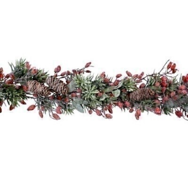 This frosted fir garland is beautifully decorated with pinecones and red rosehips which makes it perfect for Christmas. This festive Garland by Gisela Graham will delight for years to come. It will compliment any decorations and has a matching wreath available. Remember Booker Flowers and Gifts for Gisela Graham Christmas Decorations. 
